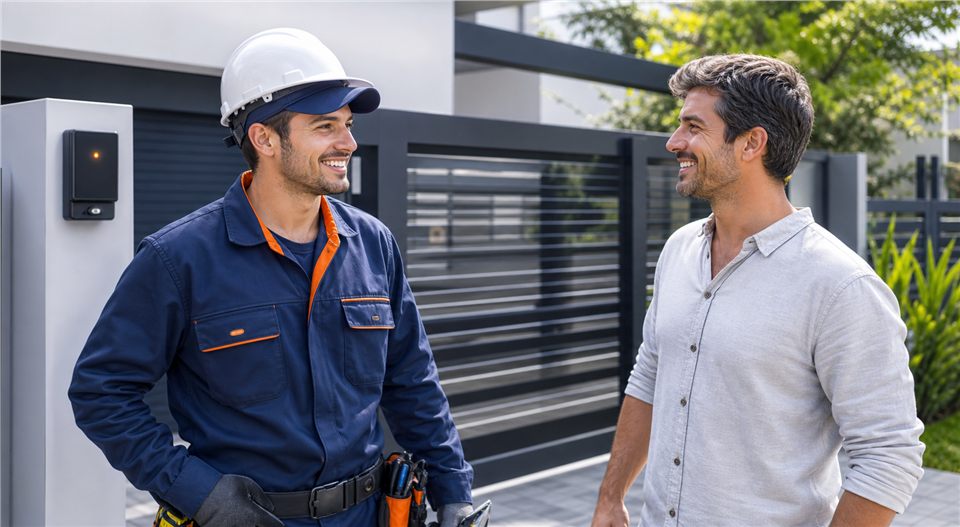 T&eacute;cnico orientando cliente em atendimento de port&atilde;o autom&aacute;tico PPA em Mirassol